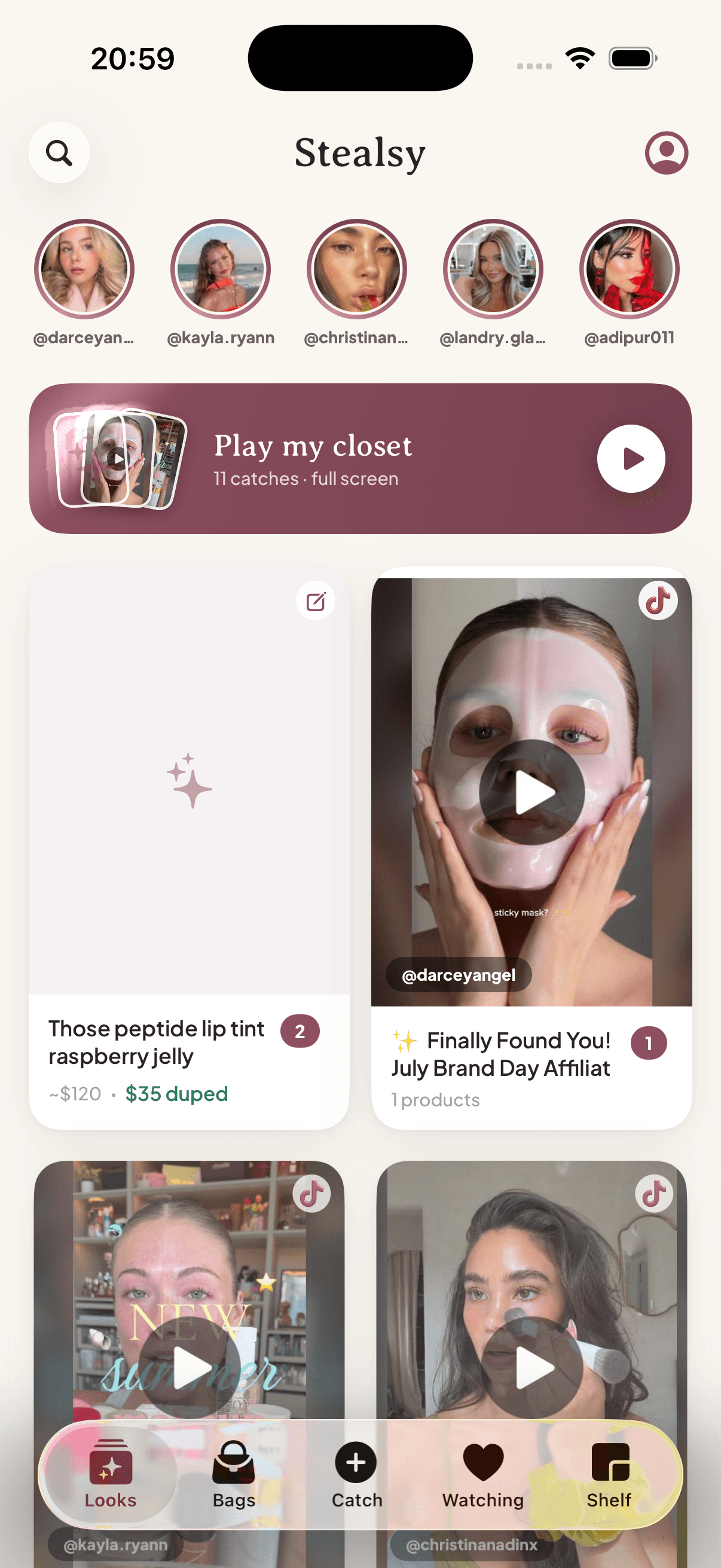 The Stealsy home screen: your caught looks