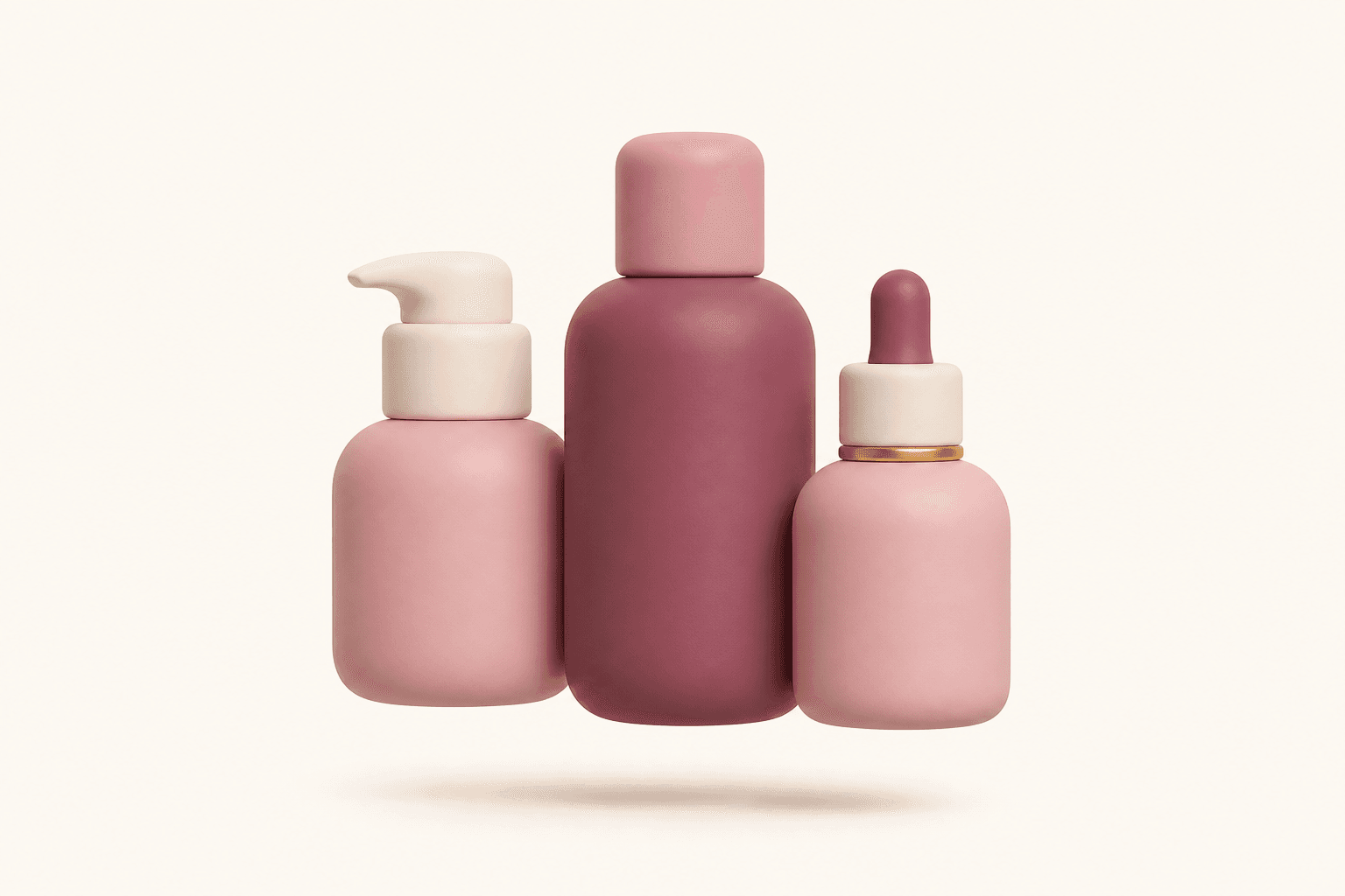 Three clay-style skincare bottles, one of them fitted with a dropper