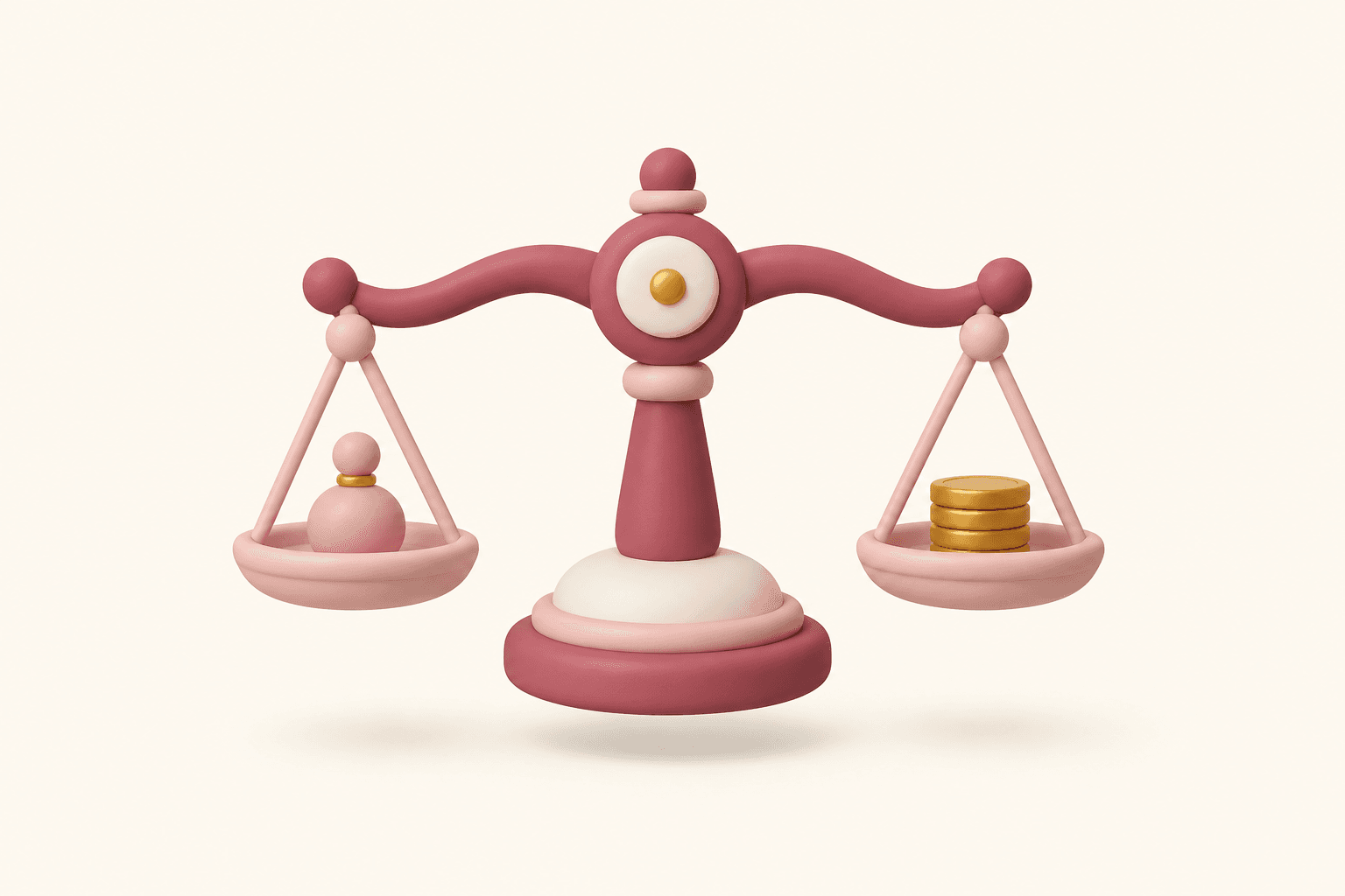 A clay-style balance scale weighing a perfume bottle against a stack of gold coins