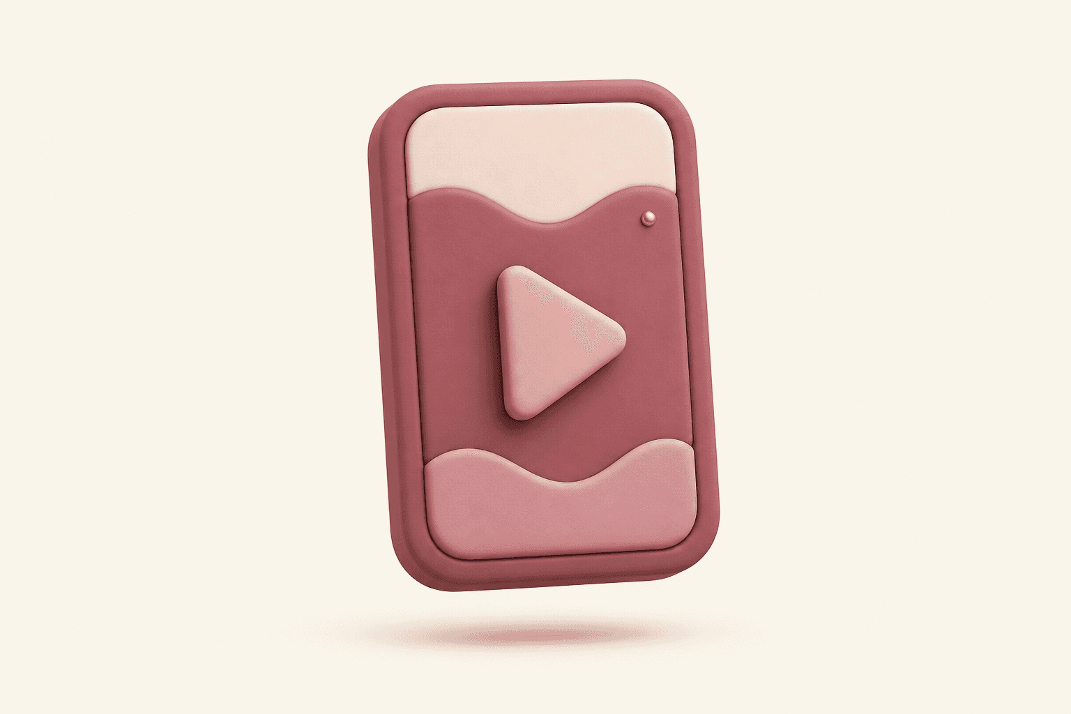 A clay-style vertical video card with a rounded play button at its centre