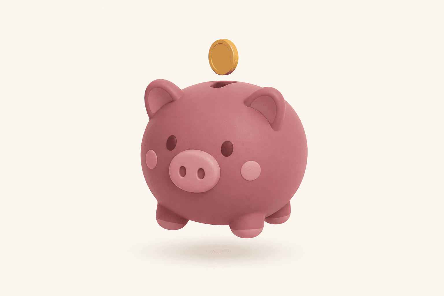 A clay-style piggy bank with a gold coin above its slot