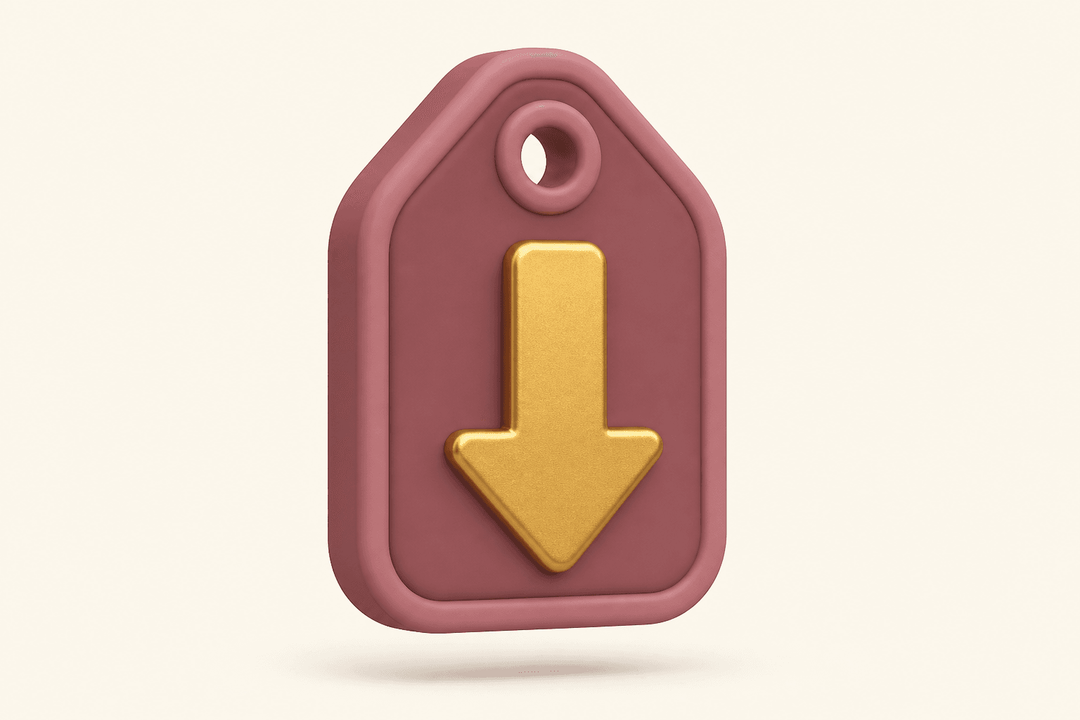 A clay-style price tag with a downward arrow beside it