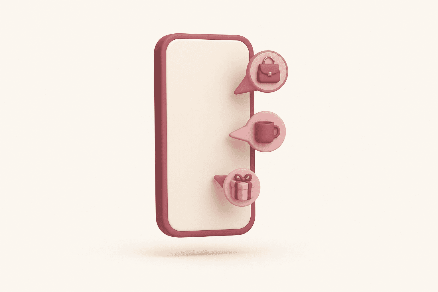 A clay-style phone with small product pins floating out of its screen